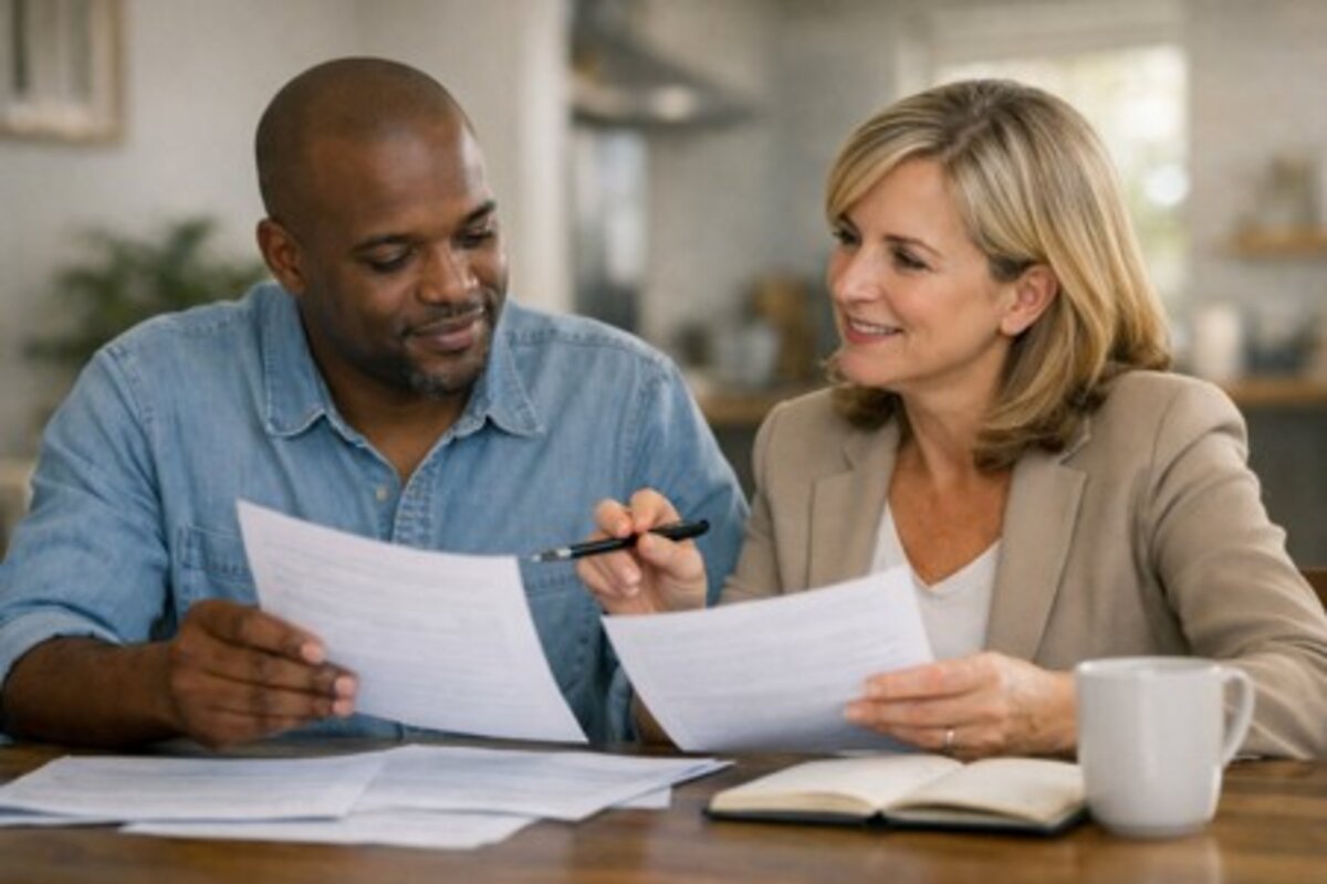 Couple reviewing insurance documents together at a table