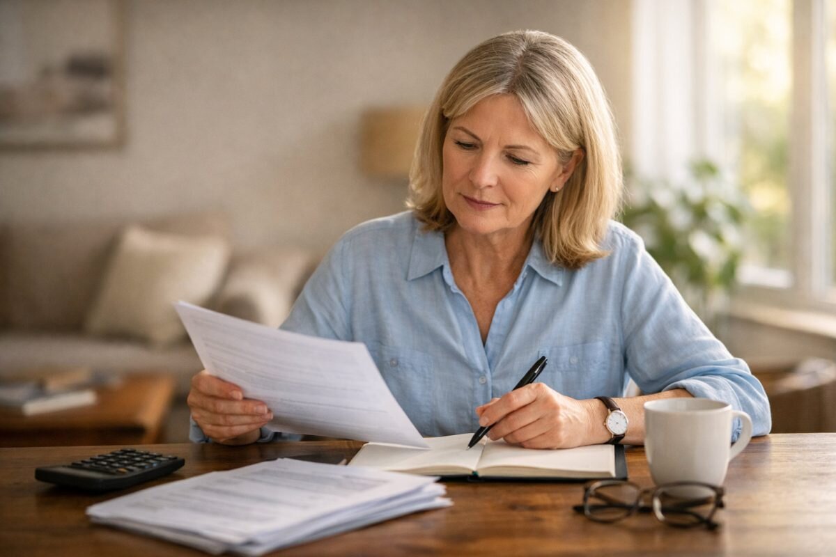 Woman reviewing insurance paperwork with a calculator and notebook at home