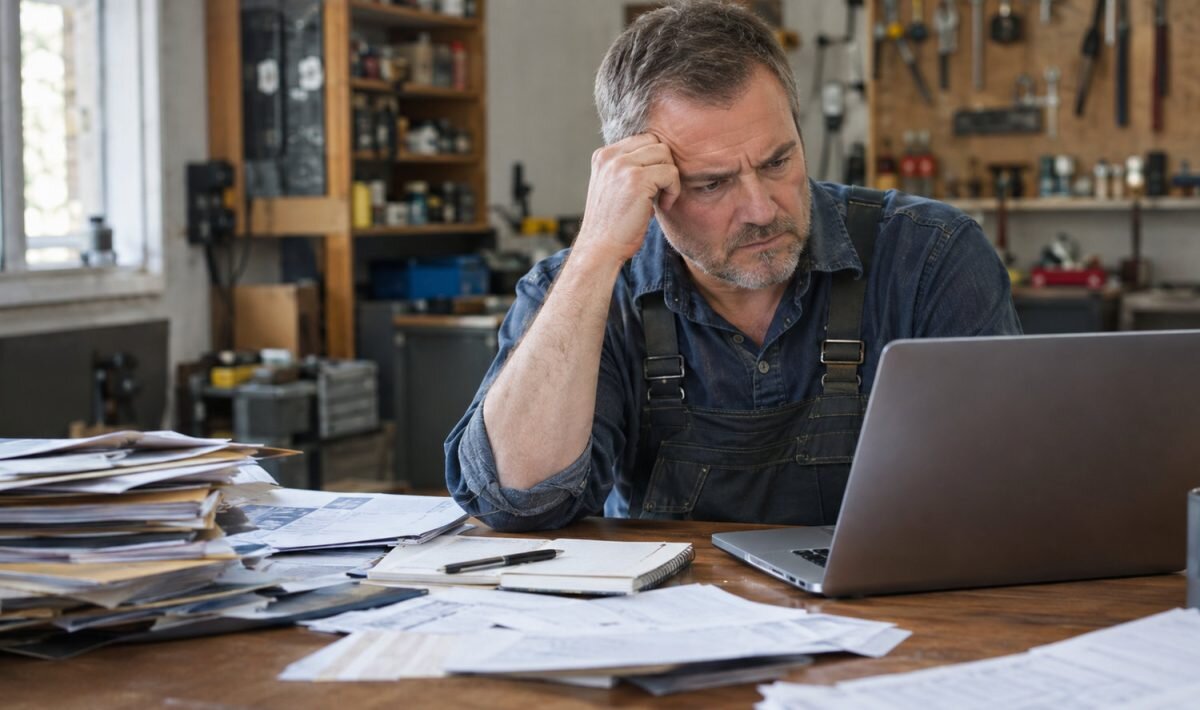 Workshop owner reviewing paperwork and a laptop with concern